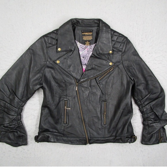 Alpinestars by Denise Focil Black Leather Moto Jacket Silk Lining Womens Medium